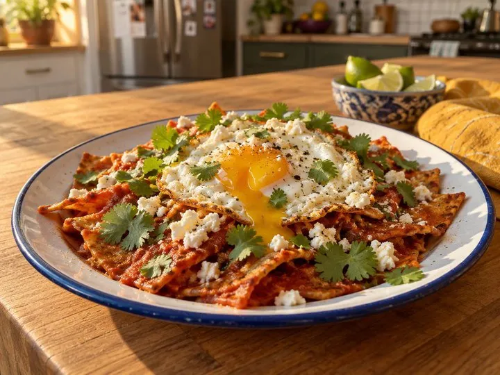 Chilaquiles, tortille w salsie z jajkiem