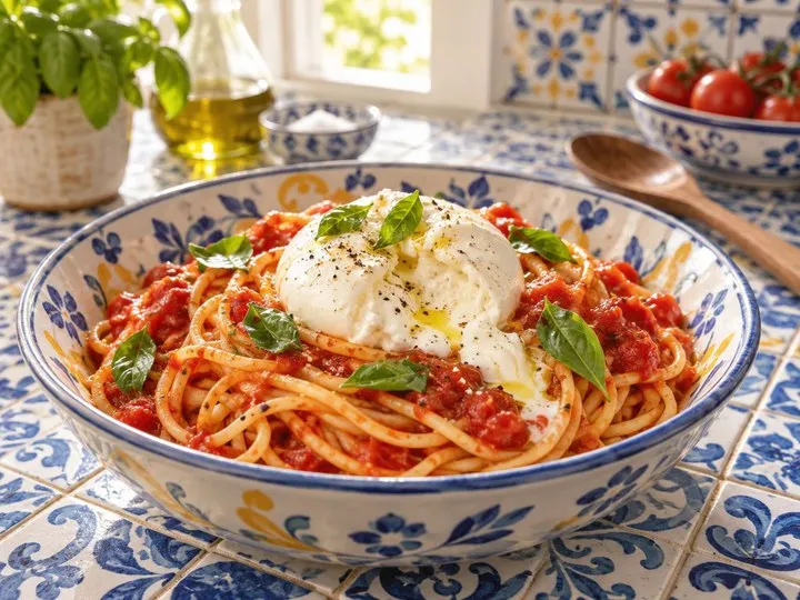 Spaghetti al pomodoro z burratą