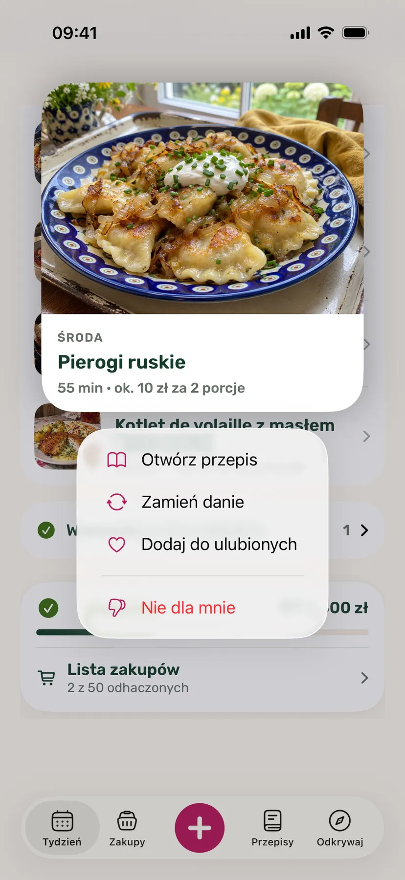 Menu dania z opcją Zamień danie